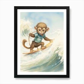 Monkey Painting Surfing Watercolour 1 Art Print