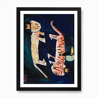 Cheetah Tiger Toucan In The Night Sky Art Print