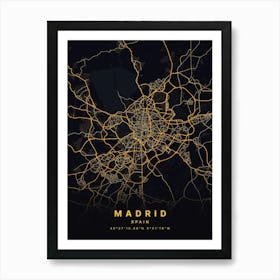 Madrid Spain Black And Gold Map Art Print