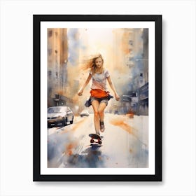 Girl Skateboarding In New York City, United States Watercolour 2 Art Print