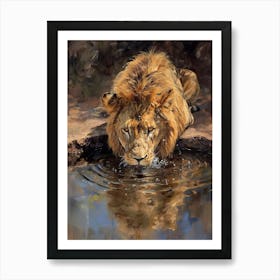 African Lion Drinking From A Watering Hole Acrylic Painting 2 Art Print