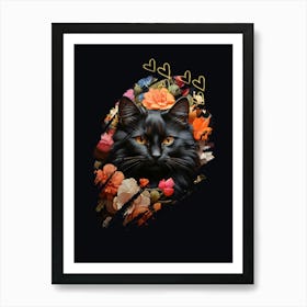 Black Cat With Flowers Art Print