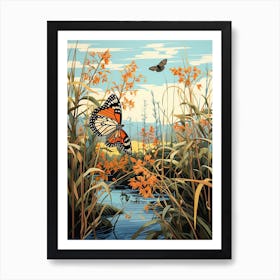 Butterflies In Wild Flowers Japanese Style Painting 6 Art Print