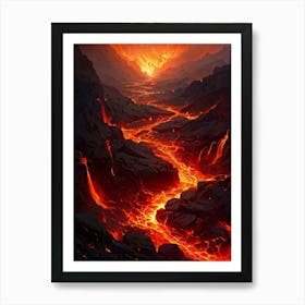 Volcanic Magma Flow Illustration Displaying Molten Lava Coursing Down A Rugged Terrain Heat Emanat Art Print