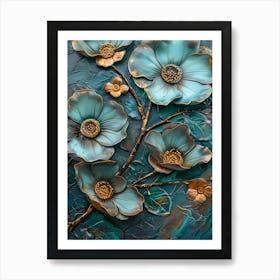 Gold And Turquoise Flowers Art Print