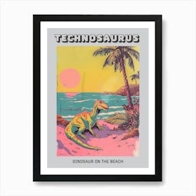 Pastel Yellow Pink Dinosaur On The Beach Poster Art Print