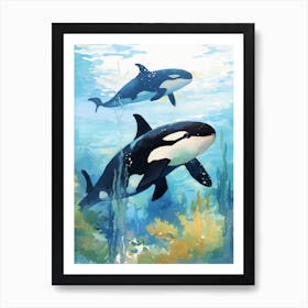 Orca Whale And Calf, Blue Aqua Art Print