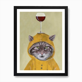 Cat With Wineglass Brown & Mustard Animal Art Print