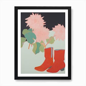 Painting Of Red Cowboy Boots With Pink Flowers, Pop Art Style Art Print