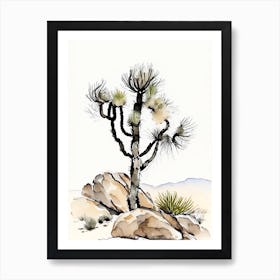 Joshua Tree In Rocky Landscape Minimilist Watercolour  (1) Art Print
