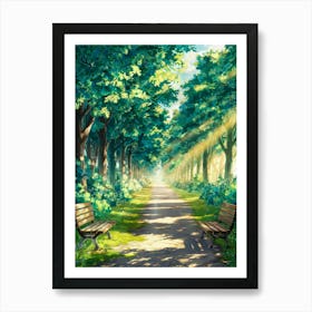 Anime Canvas Art: Sunlit Forest Pathway with Wooden Benches, Lush Trees, and Glowing Light, Perfect for Lofi Aesthetic and Nature Art Lovers. Art Print