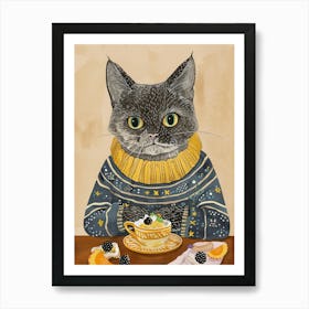 Grey Cat Having Breakfast Folk Illustration 3 Art Print