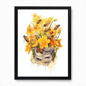 Beehive With Daffodils Watercolour Illustration 2 Art Print