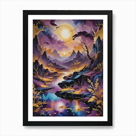 Deep Purple And Golden Moonlight Art Print