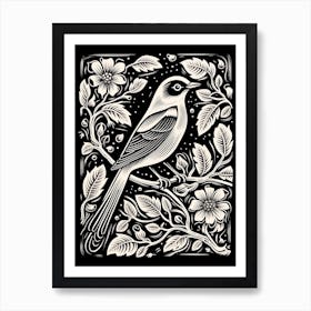 B&W Bird Linocut Cedar Waxwing 3 Art Print