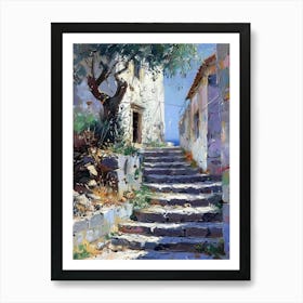 Mediterranean Stairway| Beautiful Country Villa Landscape Scenery Painting | Contemporary Art Print for Feature Wall | Vibrant Beautiful Wall Decor in HD Art Print