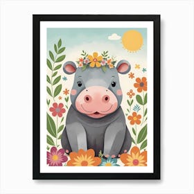 Floral Baby Hippo Nursery Illustration (33) Art Print