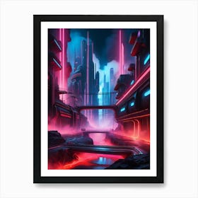 Cyberpunk industrial city with lava and river Art Print