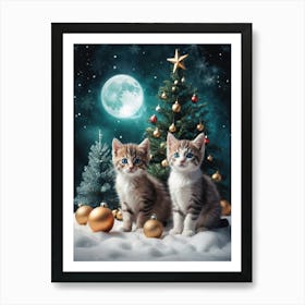 Christmas Kittens with Christmas Tree Pet Lover Art Print