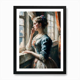 Lady By The Window, winter, castle,a breathtaking landscape scenery,multilayer view,enchanted stunning visually,dark influenza,ink v3,oil on linen ,oil on canvas,hyperrealism, artistic masterwork,perfect painting,soft color,inspired by wadim kashin,jeremy mann 1 Art Print