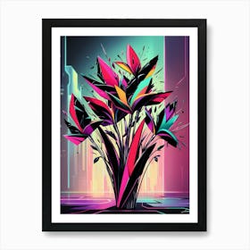 Neon Flowers In A Vase Art Print