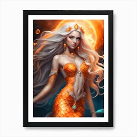 Mystical Blonde Mermaid Under A Blood Moon Art Print
