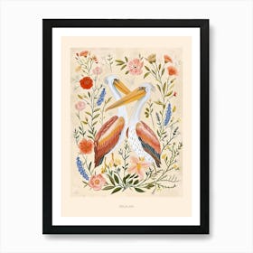 Folksy Floral Animal Drawing Pelican Poster Art Print