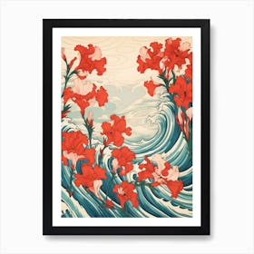 Great Wave With Gladiolus Flower Drawing In The Style Of Ukiyo E 1 Art Print