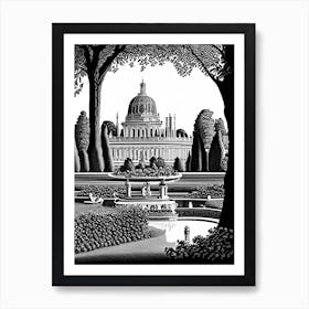 Park Of The Palace Of Versailles, France Linocut Black And White Vintage Art Print