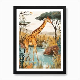 Giraffe In The Water Hole Modern Illustration 2 Art Print