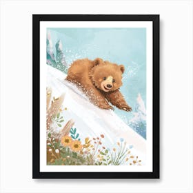 Sloth Bear Cub Sliding Down A Snowy Hill Storybook Illustration 4 Art Print