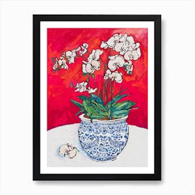 White Orchid In Chinoiserie Pot Art Print