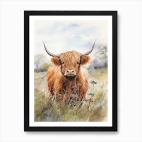 Grassy Highland Cow Watercolour 2 Art Print