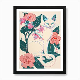 Cute Siamese Cat With Flowers Illustration 4 Art Print