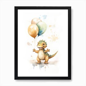 Baby Dinosaur (T Rex) Flying With Ballons, Watercolour Nursery Art 4 Art Print