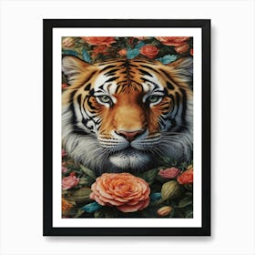 Tiger With Roses Art Print