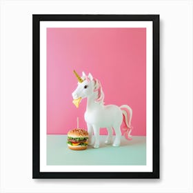 Toy Unicorn Eating A Cheese Burger Art Print