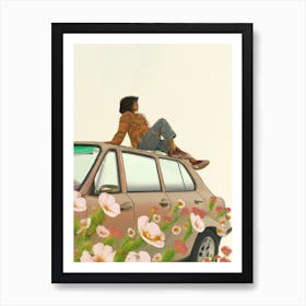 Woman Sitting On Brown Car Roof With Flowers Art Print