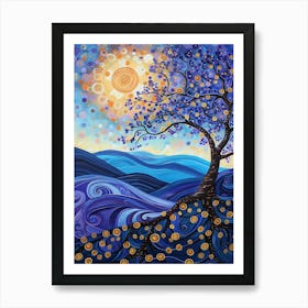 Waves Art Tree Stylized Sun Blue Artistic Abstract Circles Nature Art Print