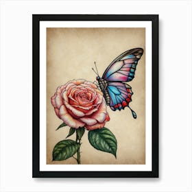 Butterfly And Rose Art Print