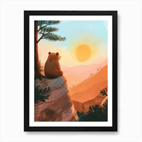 Sloth Bear Looking At A Sunset From A Mountaintop Storybook Illustration 2 Art Print