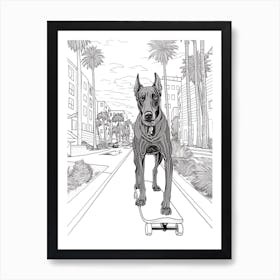 Doberman Pinscher Dog Skateboarding Line Art 2 Art Print