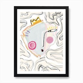 Abstract Face With Pink Cheeks And A Crown On Patterned Background Art Print