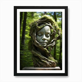 Sculpture Featuring Weathered Furrowed Face Textured With Strands Of Grass Knots Of Wood Nestled Art Print