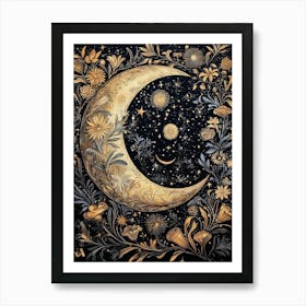 Moon Flowers At Night Stars William Morris Style Art Print