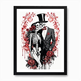 Floral Abstract Kissing Skeleton Lovers Ink Painting (15) Art Print
