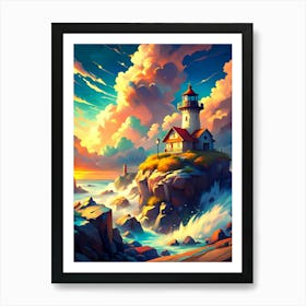 Lighthouse On The Rocks AI generated Art Print