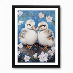 Snowy Winter Ducklings Floral Painting 1 Art Print
