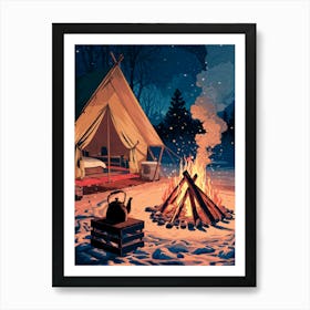 Anime Canvas Art: Cozy Winter Campfire Scene with Glowing Tent and Falling Snow, Perfect for Lofi Aesthetic and Nature Lovers. Art Print