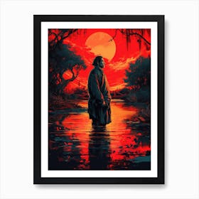 Red Samurai Japan Painting Art Print